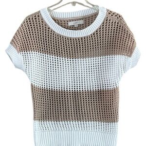 LOFT Beige and White Open-Knit Short-Sleeve Sweater